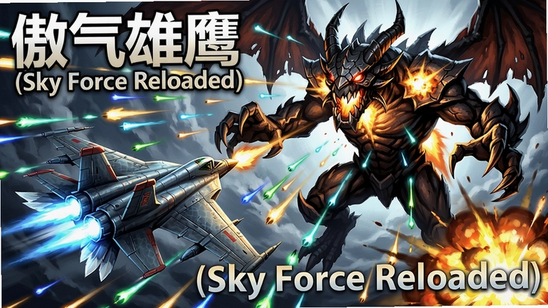 傲气雄鹰(Sky Force Reloaded)电脑版高清游戏封面,战机激战巨大Boss,弹幕与爆炸光效,标注“傲气雄鹰(Sky Force Reloaded)”