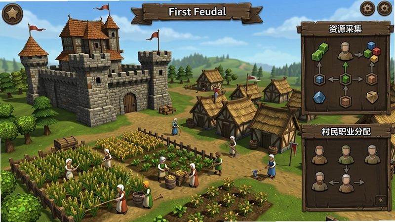中世纪村庄建造与管理游戏 First Feudal 主界面,展现“资源采集”“科技树”“村民职业分配”等核心玩法,画面包含城堡、农田和村民劳作场景