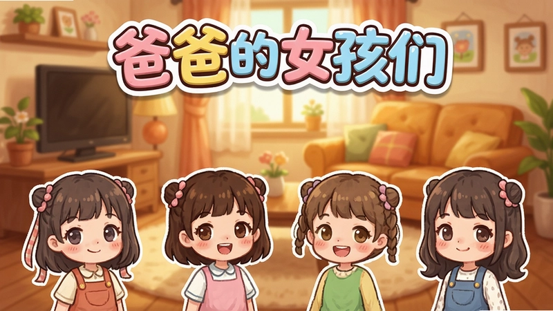 爸爸的女孩们游戏主界面展示与可爱女儿们立绘,上方有“爸爸的女孩们”可爱艺术字体标题,背景为温馨家庭场景
