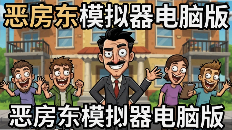 恶房东模拟器游戏主视觉图,房东站在公寓前,周围是各式搞怪租客,文字“恶房东模拟器电脑版”