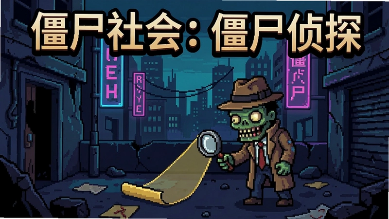 《僵尸社会:僵尸侦探》电脑版游戏主界面,展示僵尸侦探在霓虹灯下的末日城市中调查线索的场景,像素风格,画面包含“僵尸社会:僵尸侦探”标题