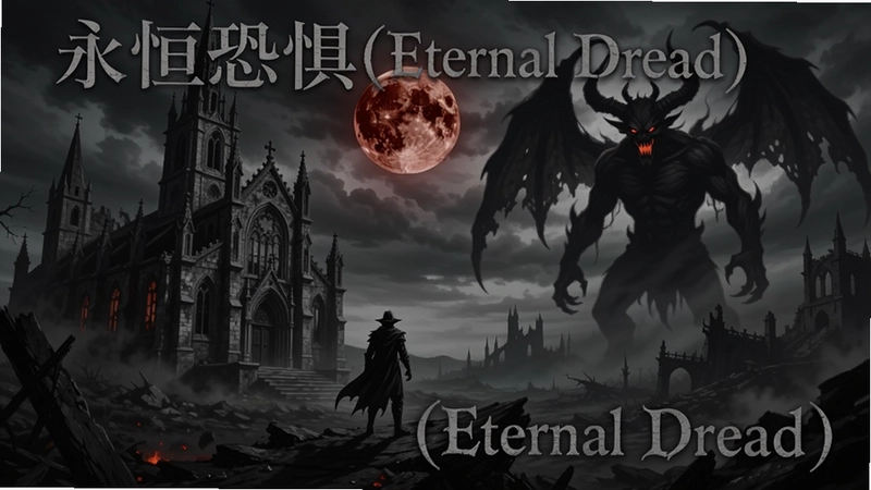 永恒恐惧(Eternal Dread) 黑暗奇幻世界全景,残破教堂与血月下的主角剪影,远处巨型恶魔轮廓,标题文字“永恒恐惧(Eternal Dread)”