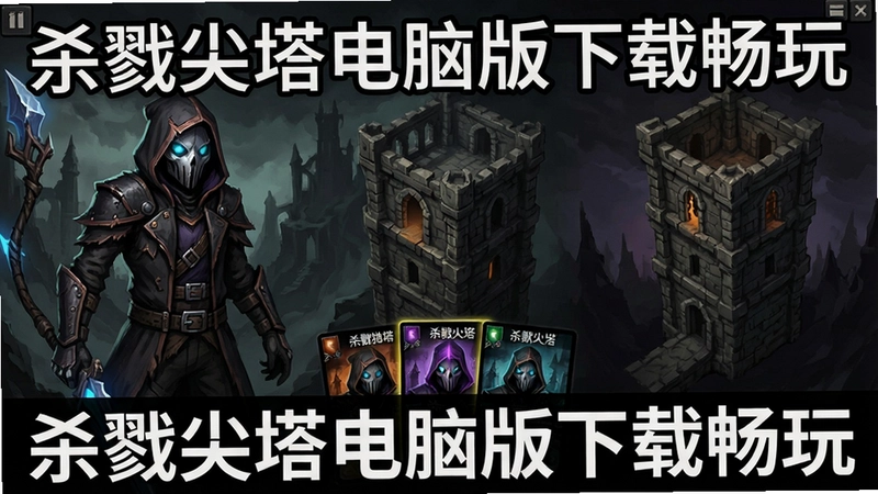 杀戮尖塔游戏主界面,包含静默猎手角色、高塔地图和卡牌界面,文字“杀戮尖塔电脑版下载畅玩”