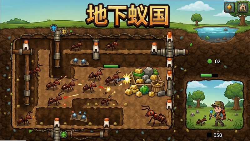 地下蚁国游戏截图,展示蚁巢挖掘、兵蚁战斗、资源采集和地表探索的核心玩法,画面中包含“地下蚁国”标题文字