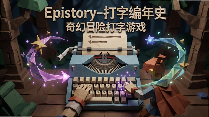 折纸风格的Epistory-打字编年史游戏场景,展现打字战斗与瑰丽魔法效果,“Epistory-打字编年史 奇幻冒险打字游戏”