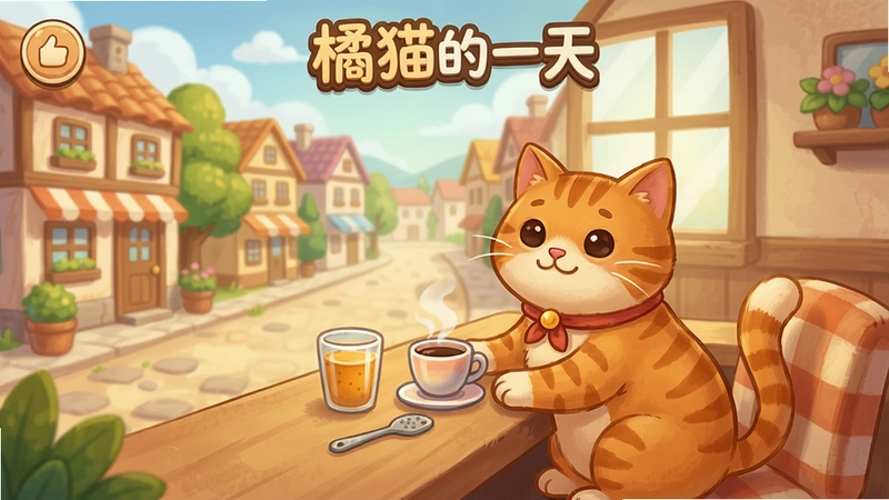 橘猫的一天电脑版游戏主界面,展示橘猫在小镇上的温馨日常,“橘猫的一天”