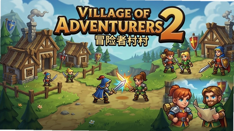 生成Village of Adventurers 2 冒险者村庄2 游戏主视觉图,包含村庄建造、冒险战斗、角色养成等核心玩法元素的宣传画