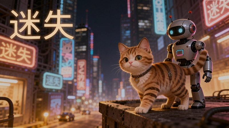 迷失游戏中的橘猫在霓虹赛博都市中冒险,猫咪与机器人伙伴相伴,画面温暖,“迷失”