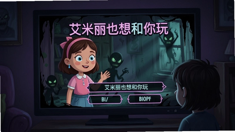 艾米丽也想和你玩游戏主界面,电视屏幕中卡通女孩艾米丽与玩家对话,带有选项和诡异氛围,画面有文字“艾米丽也想和你玩”