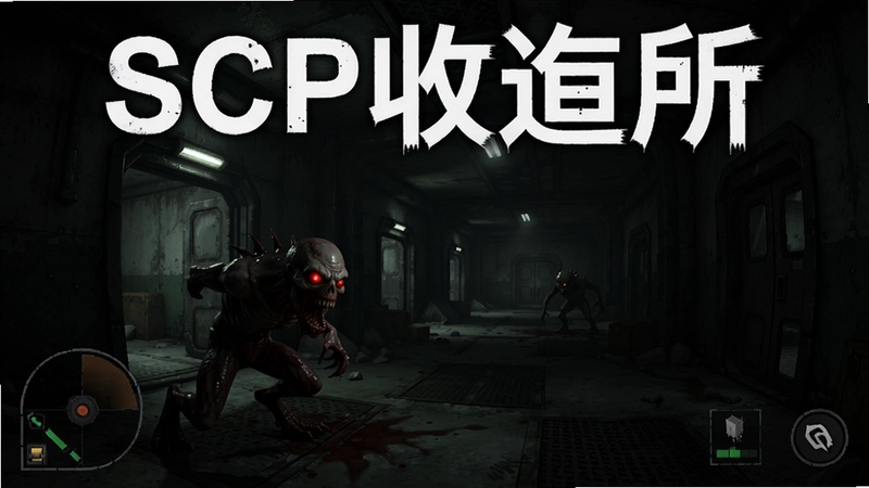 SCP收容所游戏实机画面、惊悚怪物与黑暗环境,画面出现“SCP收容所”标题
