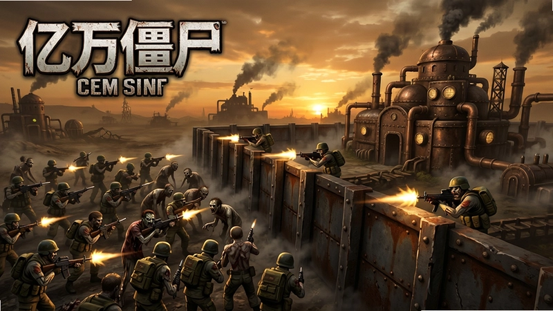 亿万僵尸电脑版实机画面,包含“亿万僵尸”LOGO,尸潮涌向铁壁防线,士兵在墙头射击,蒸汽朋克基地,末日黄昏氛围