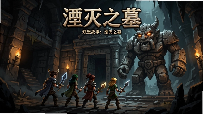 “烛堡故事:湮灭之墓”游戏封面与地牢探索场景,角色队伍手持武器面对巨大石魔像,标题“湮灭之墓”高悬于古墓入口