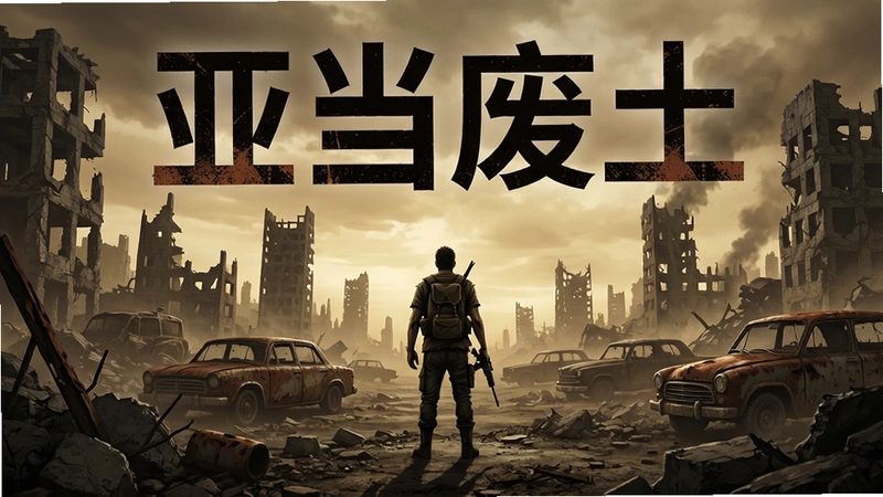 亚当废土电脑版游戏宣传图,废墟中孤独的幸存者,文字“亚当废土”与末日场景