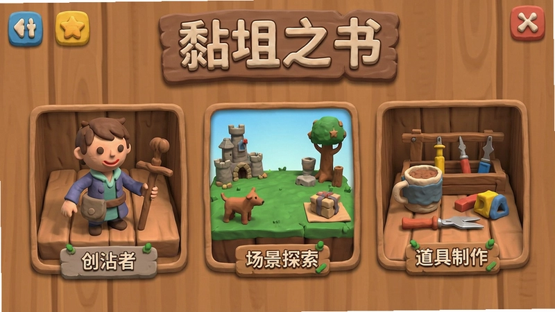 黏土之书游戏主界面展示,包含黏土角色创作、场景探索与道具制作等核心玩法全览