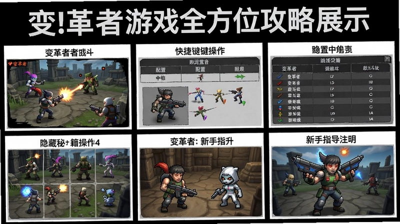 变革者游戏全方位攻略展示,含战斗场景、配置表格、快捷键操作、隐藏秘籍、新手指导,文字注明“变革者”