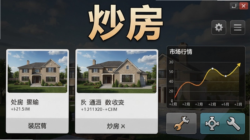 炒房电脑版游戏主界面截图,显示“炒房”大标题,包含房源卡片、市场行情曲线和装修工具按钮,整体风格写实