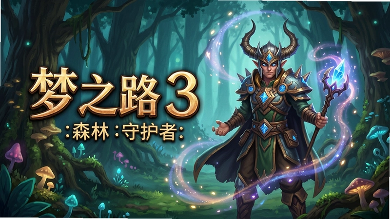 梦之路3:森林守护者游戏海报,奇幻森林与主角守护者形象,充满魔法气息