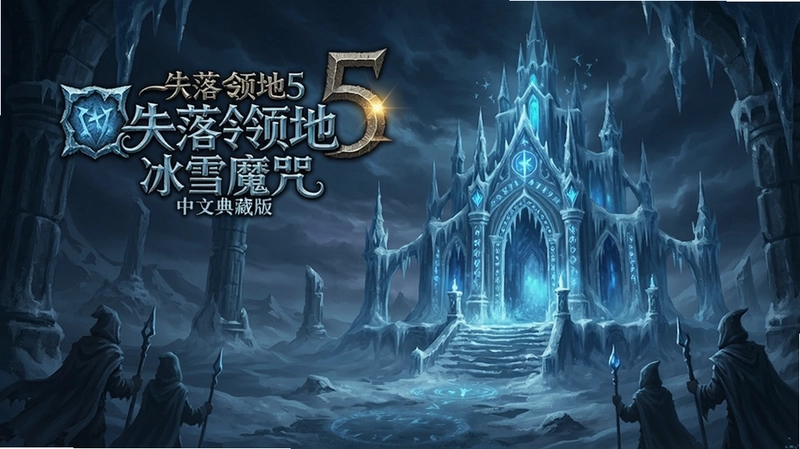 失落领地5冰雪魔咒中文典藏版游戏主界面与冰雪宫殿场景,突出神秘魔法氛围,“失落领地5冰雪魔咒中文典藏版”