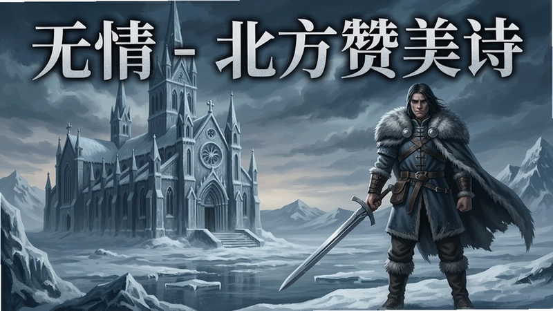 展现《无情 - 北方赞美诗》世界观的插画,包含冰封北境、大教堂与持剑的主角,标题“无情 - 北方赞美诗”
