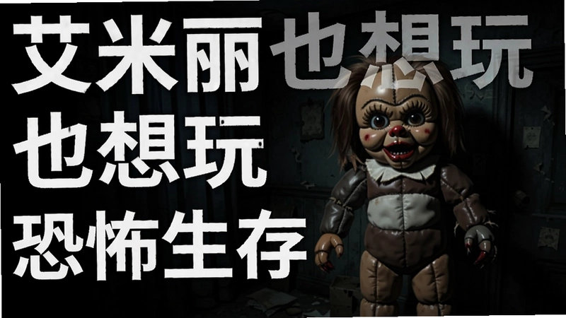 艾米丽也想玩游戏截图,黑暗房间内恐怖玩偶出现,标注“艾米丽也想玩 恐怖生存”
