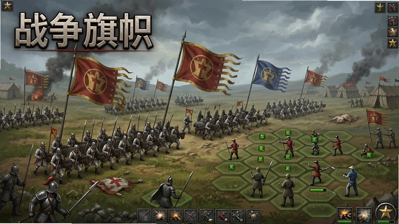 战争旗帜电脑版游戏画面,包含战场、旗帜、兵种阵列和策略部署,图片中显示“战争旗帜”文字