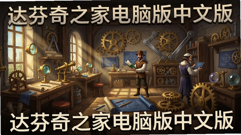 “达芬奇之家”游戏主视觉图,达芬奇工作室全景,充满齿轮、连杆、光学仪器等机械谜题,光线从窗户射入,文字“达芬奇之家电脑版中文版”