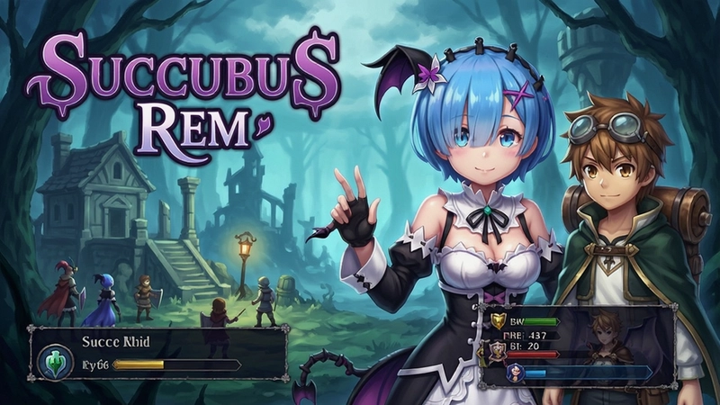 “Succubus Rem”游戏主视觉图,魅魔雷姆与主角冒险场景,UI界面展示