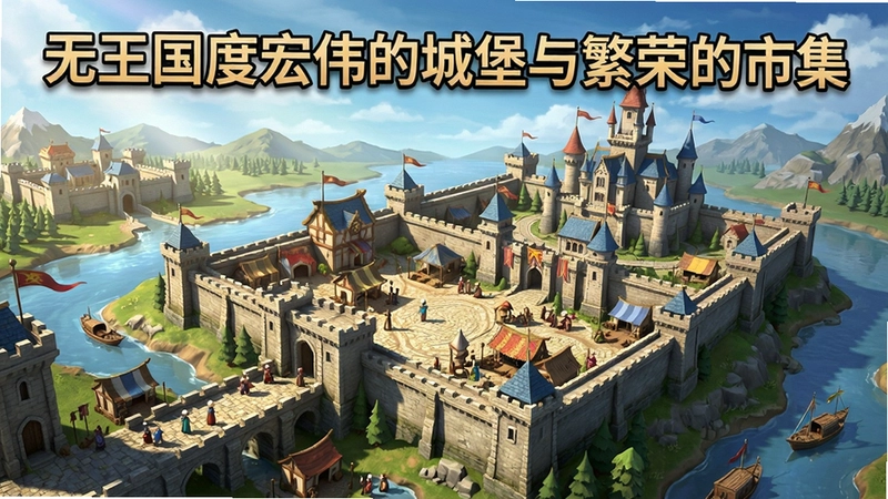 无王国度游戏主城建设全景,文字“无王国度宏伟的城堡与繁荣的市集”