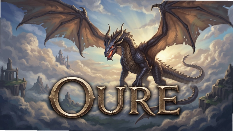 Oure电脑版游戏封面,巨龙翱翔云海,标题为“Oure”的唯美海报