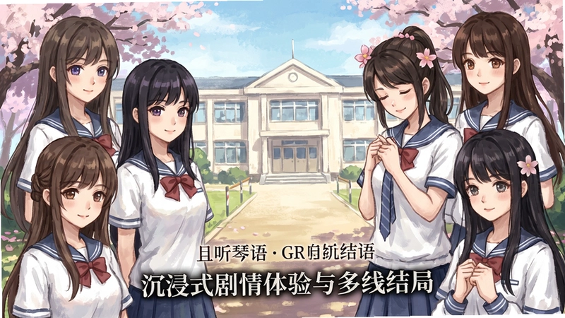 且听琴语GR电脑版游戏画面,唯美恋爱养成,手绘风校园场景,七位女主角立绘环绕,文字标注“沉浸式剧情体验与多线结局”