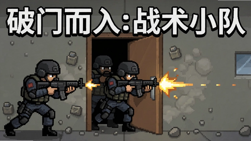 破门而入:战术小队 像素风特警破门突入激战,富有“破门而入:战术小队”标题的游戏主视觉画面