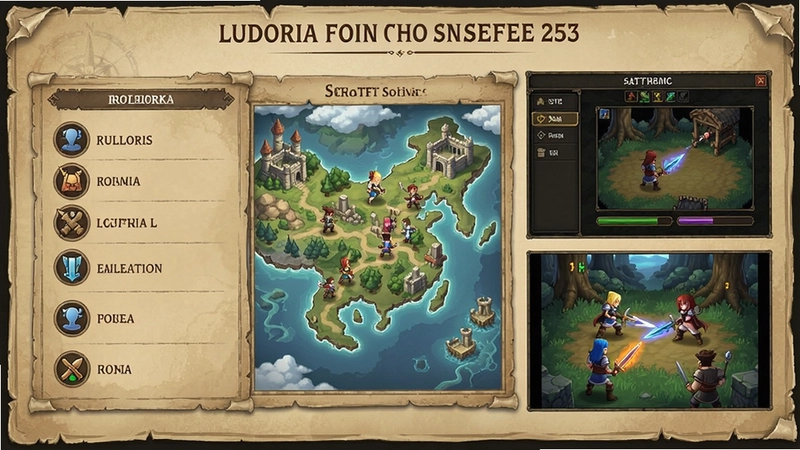 “Ludoria”奇幻冒险角色扮演游戏综合展示,涵盖职业选择、地图探索、设定界面与战斗场景,概括全文内容