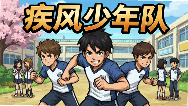 疾风少年队游戏主要角色与校园场景插画,包含“疾风少年队”标题文字