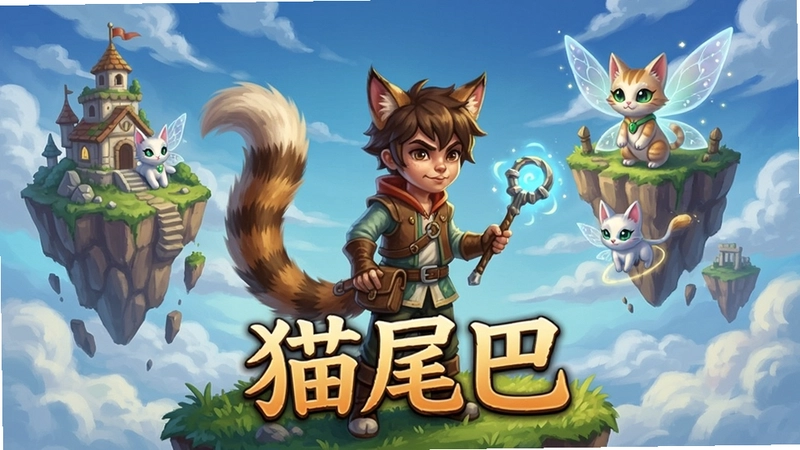 猫尾巴电脑版奇幻冒险游戏主视觉图,包含主角猫尾少年、浮空岛屿、猫咪精灵伙伴,突出“猫尾巴”奇幻世界观