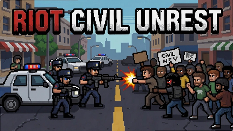 游戏Riot Civil Unrest主视觉图,展现警方与示威者在街头的对峙场景,像素风格,冲突一触即发,包含“Riot Civil Unrest”字样