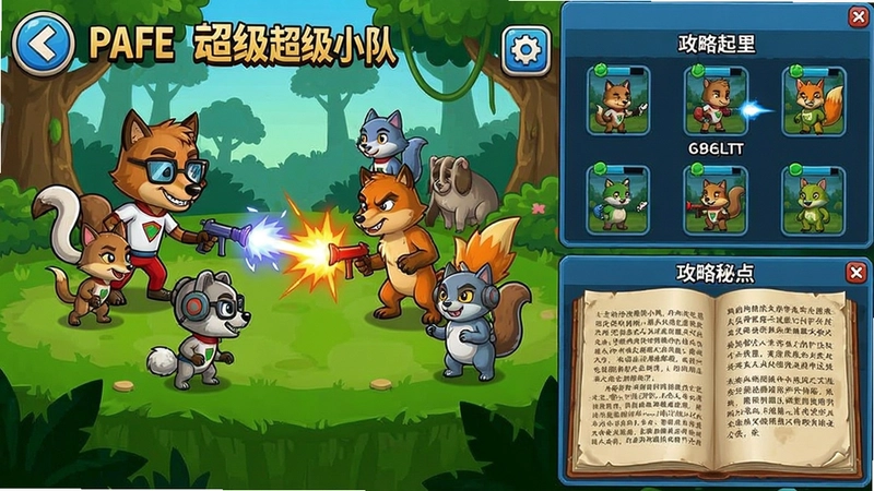 动物超级小队电脑版游戏画面,包含所有动物角色、战斗场景、配置界面和攻略秘籍要点