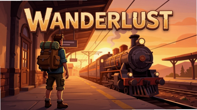 Wanderlust游戏主视觉图,一位背包客站在落日下的火车站,出现“Wanderlust”字样