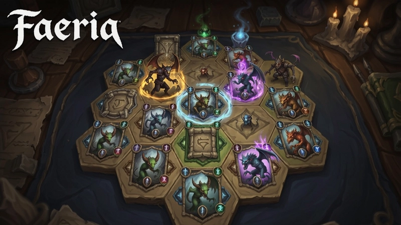 faeria电脑版六边形棋盘卡牌对战场景,奇幻生物与魔法特效,“Faeria”游戏标题与史诗感氛围