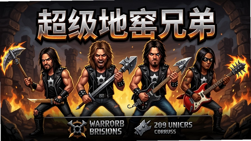 超级地牢兄弟游戏主视觉海报,四位摇滚主角武器战斗,重金属风格,涵盖玩法攻略配置等内容