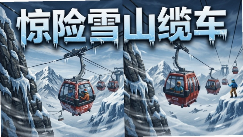 惊险雪山缆车电脑版游戏封面与雪山缆车运营场景,