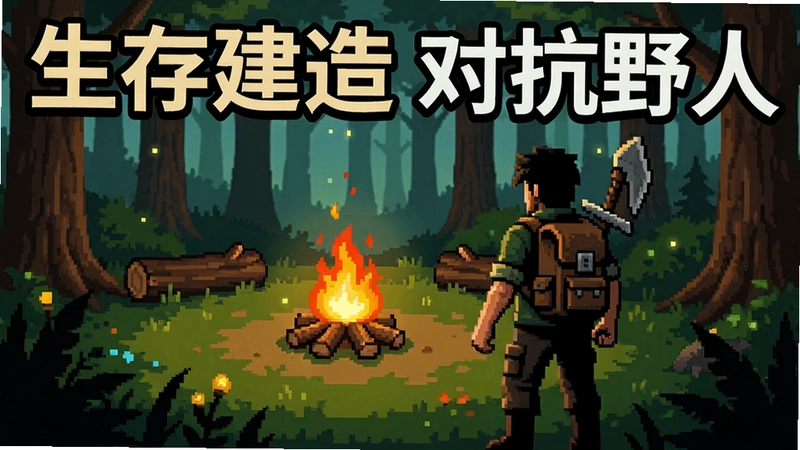 森林0.69b游戏主视觉图,包含森林场景、篝火与主角背影,文字标注“生存建造 对抗野人”
