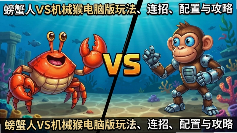螃蟹人VS机械猴游戏主界面与双人对战画面,包含“螃蟹人VS机械猴电脑版玩法、连招、配置与攻略”文字
