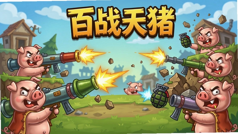 百战天猪游戏战斗场景,多只搞怪猪角色使用火箭筒、手雷等武器互射,可破坏地形,卡通风格,画面包含文字“百战天猪”