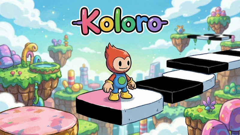 一幅展示Koloro游戏精美手绘世界的场景图,主角Koloro站在彩色与黑白交替的平台上,标题“Koloro”优美呈现