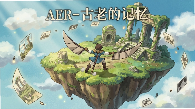 “AER-古老的记忆”游戏画面,主角在浮空岛上滑翔,周围环绕记忆碎片与古老遗迹,手绘水彩风格,光影梦幻