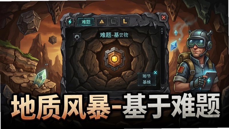电脑游戏“地质风暴-基于难题”主视觉图,包含地质元素、难题关卡界面和标题文字“地质风暴-基于难题”