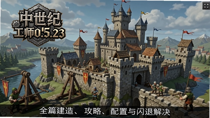 “中世纪工程师0.5.23”游戏主界面,展示宏伟城堡建筑群、攻城器械及中世纪工程师Logo,用于概括全篇建造、攻略、配置与闪退解决内容