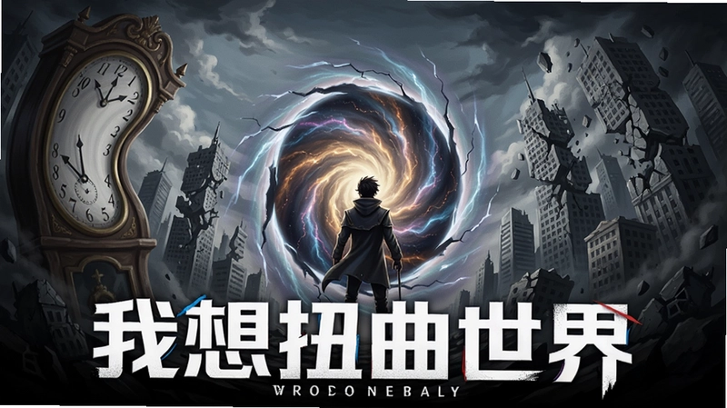 我想扭曲世界游戏主视觉,扭曲的时钟与破碎的城市,主角站在时空裂隙前,海报文字标注“我想扭曲世界”