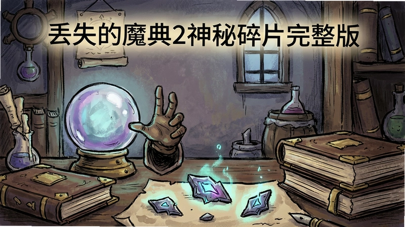 丢失的魔典2神秘碎片完整版游戏主界面截图,手绘风格炼金术士书房,水晶球、古老书籍与发光神秘碎片,画面中显示“丢失的魔典2神秘碎片完整版”标题,氛围神秘奇幻