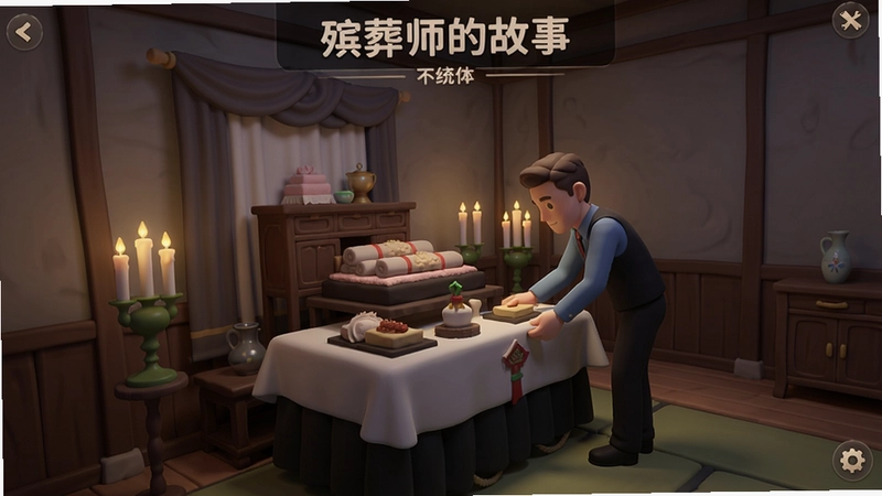 一幅展示“殡葬师的故事”游戏主界面的场景,画面中殡葬师正在布置灵堂,环境安静肃穆,突出模拟经营与叙事氛围